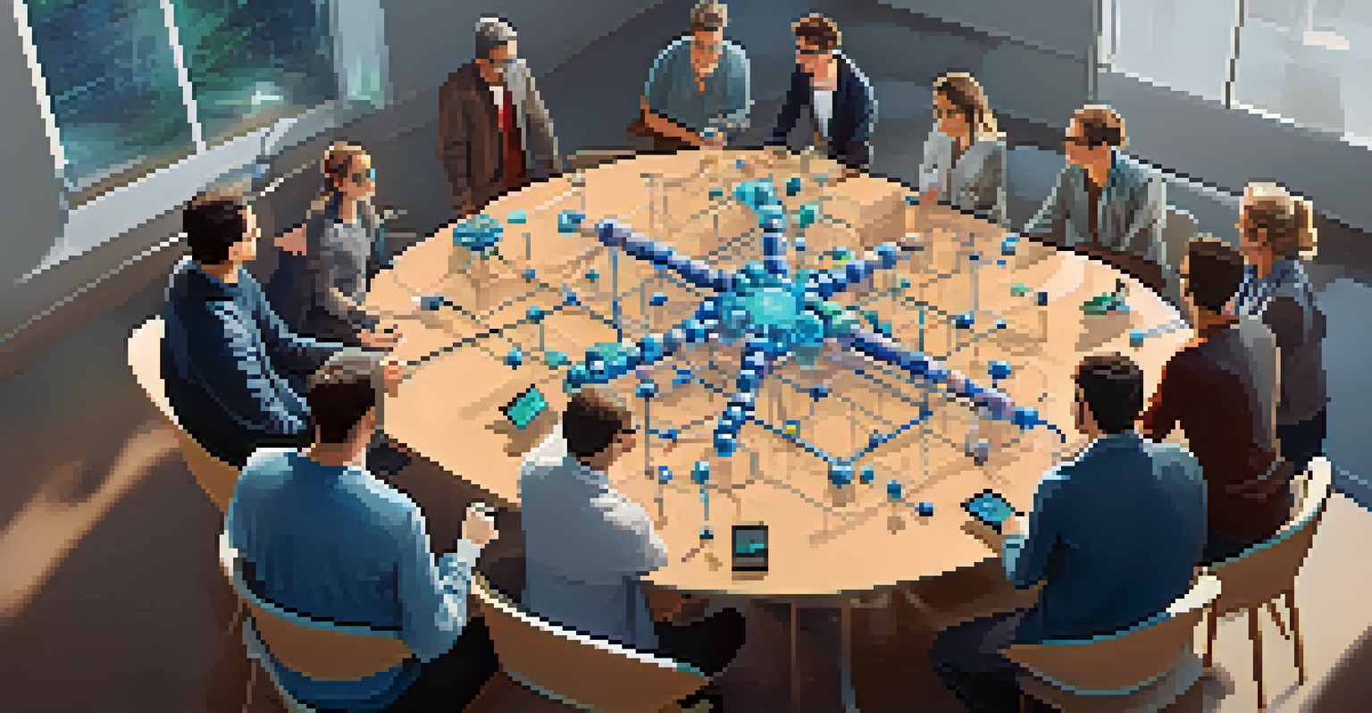 Researchers from different disciplines collaborating around a virtual table, using augmented reality to manipulate 3D molecular models.