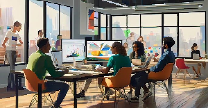 A diverse group of individuals collaborating in a bright video production room, discussing ideas around a table with laptops and notes.