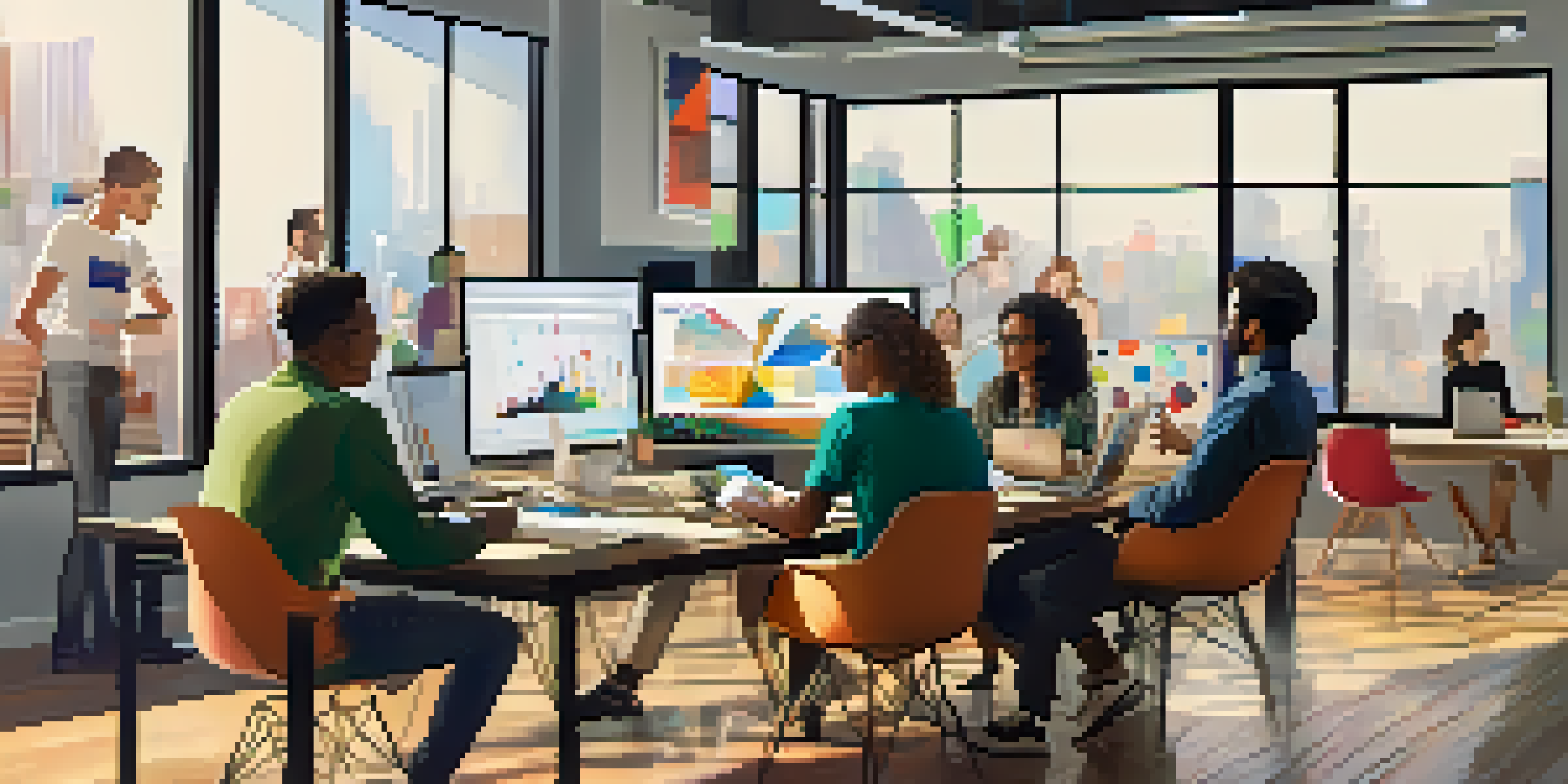 A diverse group of individuals collaborating in a bright video production room, discussing ideas around a table with laptops and notes.