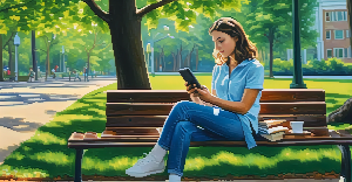 An adult learner sitting on a park bench, studying on a smartphone surrounded by nature, with greenery and sunlight in the background.