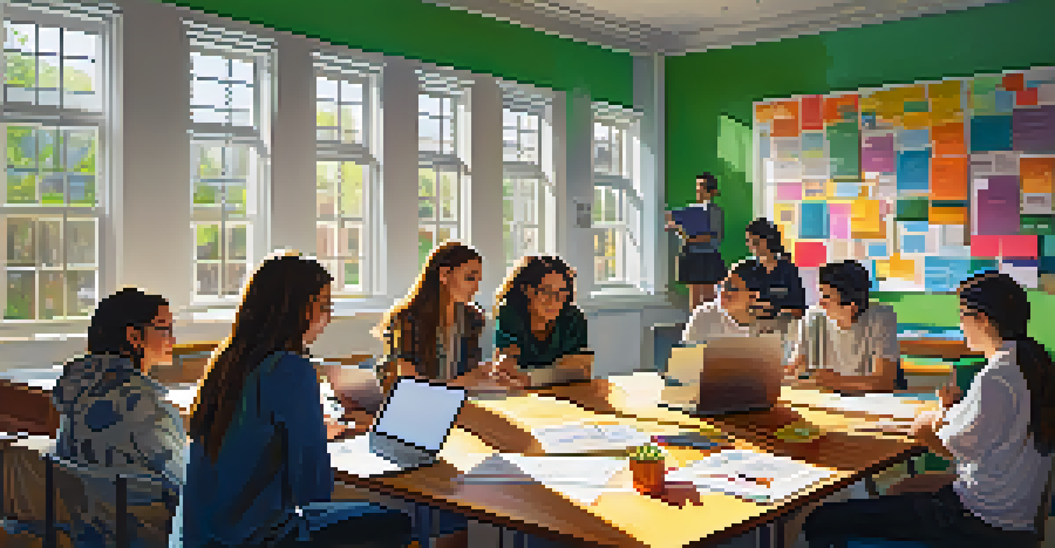 A group of students collaborating on a project at a table, surrounded by a bright and inviting study space.