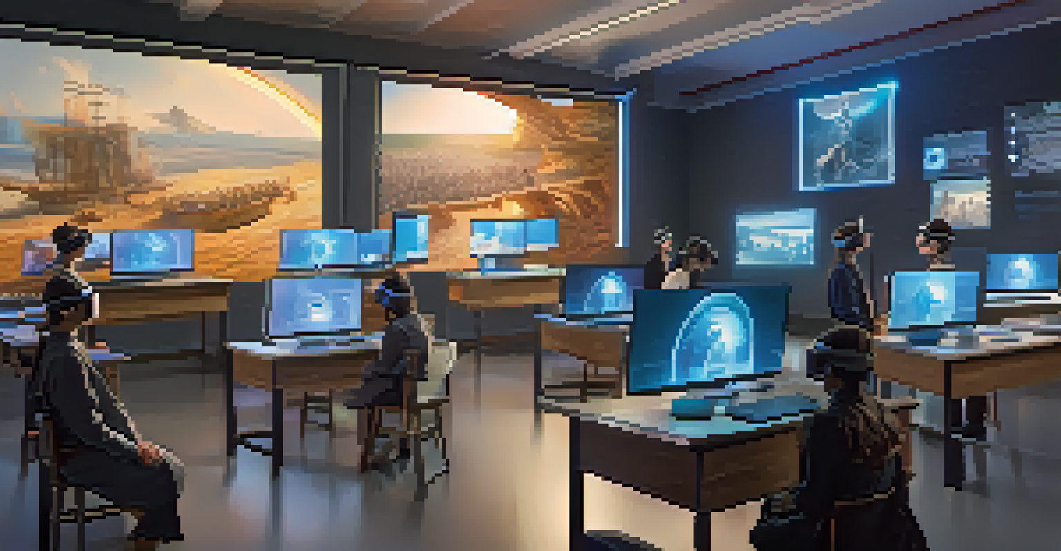 A modern classroom where students use VR headsets to explore a historical event with holographic displays.