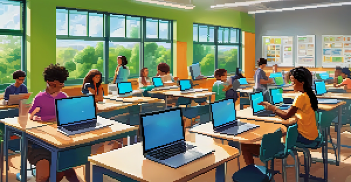 A vibrant classroom where students are using laptops for collaborative learning under the guidance of a teacher.