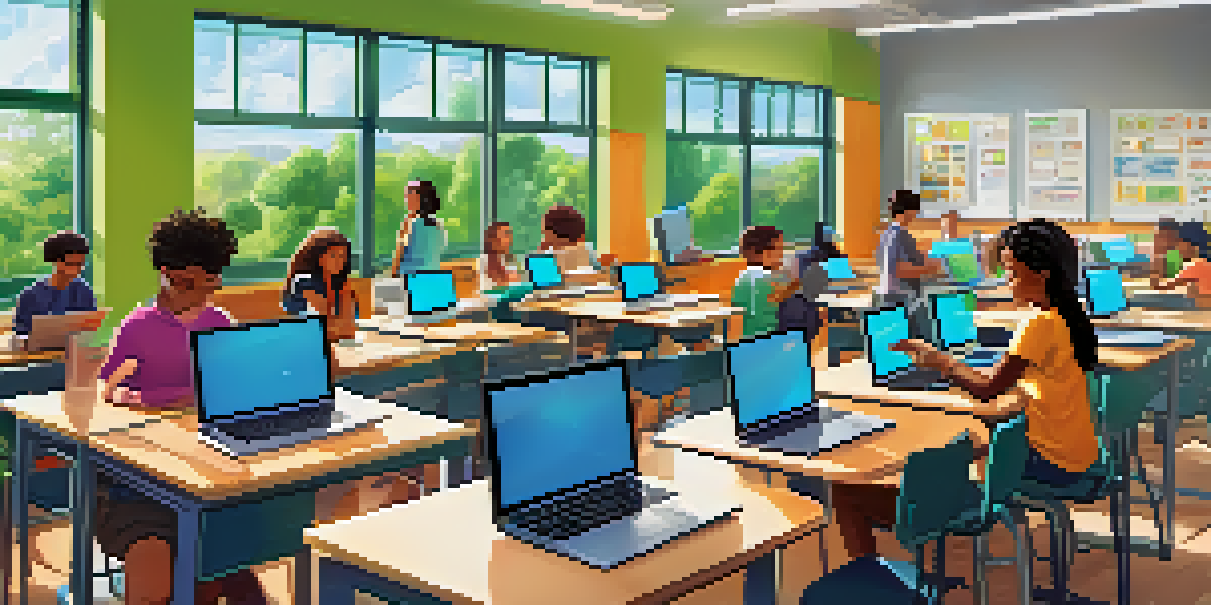 A vibrant classroom where students are using laptops for collaborative learning under the guidance of a teacher.