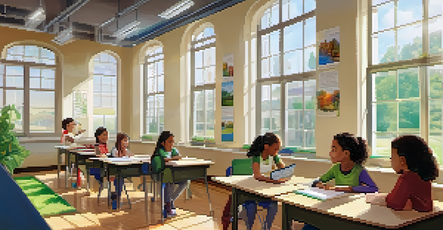 A classroom filled with students and a teacher discussing sustainability, surrounded by educational posters and natural light.