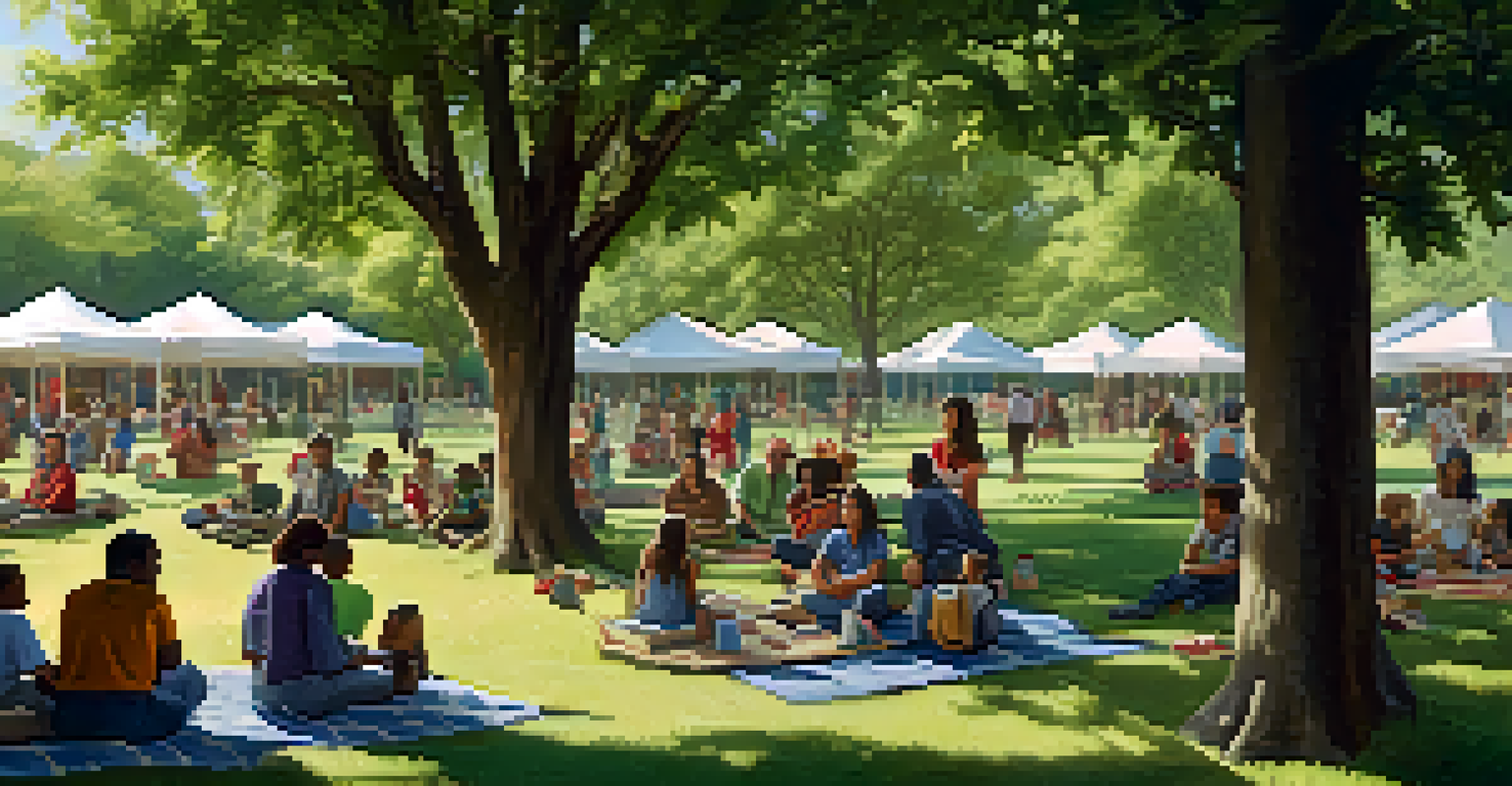 Parents and educators gathered in a park discussing educational curriculum, with children playing nearby.