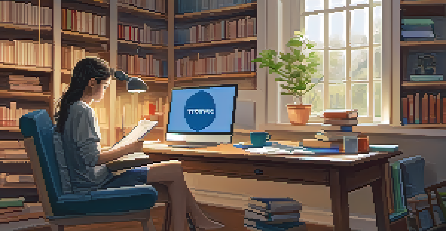 A student studying at home, watching a video on a laptop in a cozy study area.