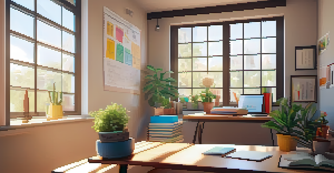A cozy study area featuring a wooden desk with notebooks and a laptop, illuminated by warm sunlight through a window, and a potted plant.