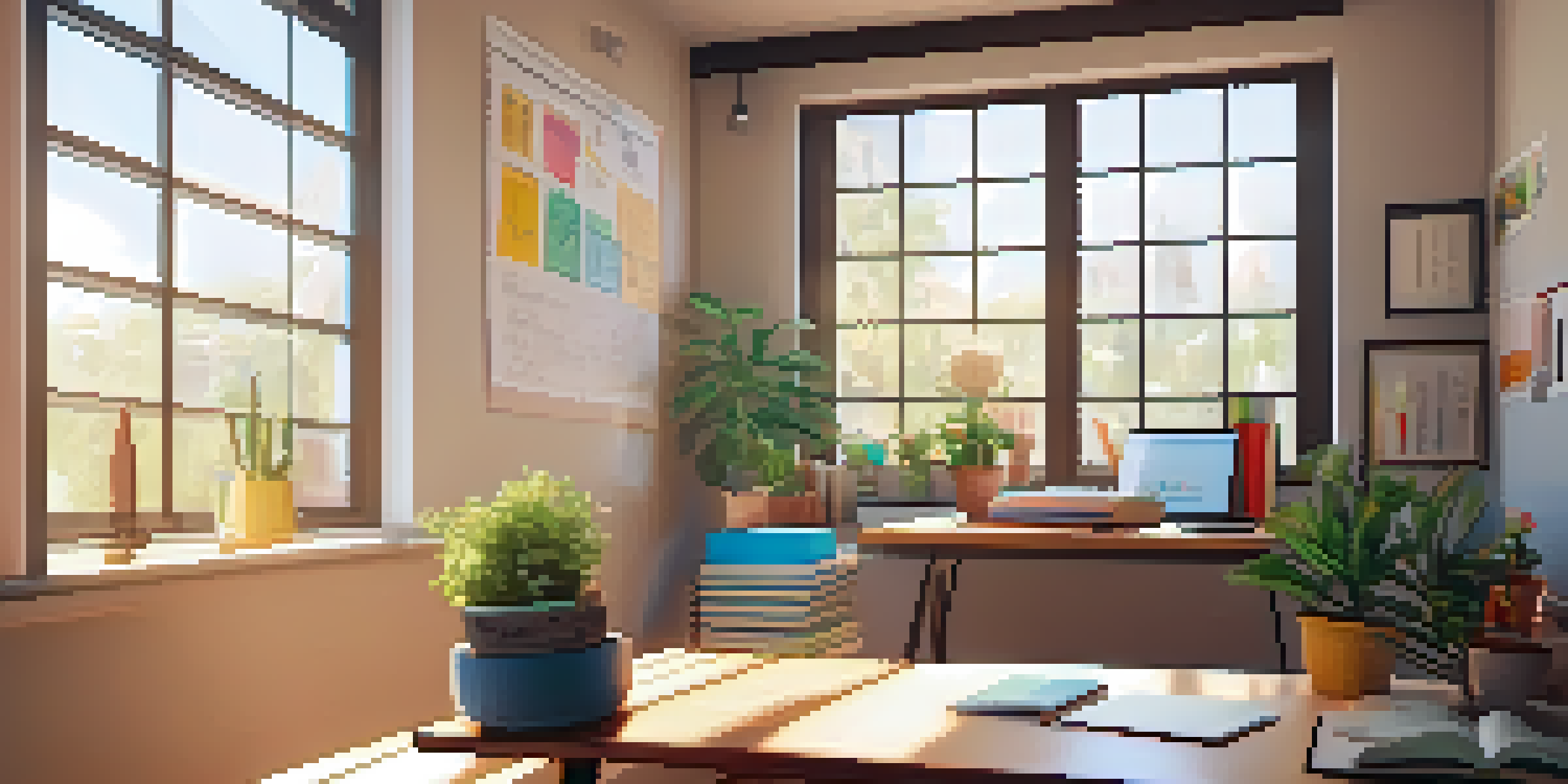 A cozy study area featuring a wooden desk with notebooks and a laptop, illuminated by warm sunlight through a window, and a potted plant.