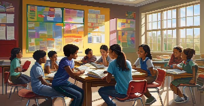 A classroom filled with diverse students engaged in a lively discussion around a table covered with books and notebooks, illuminated by sunlight from large windows.