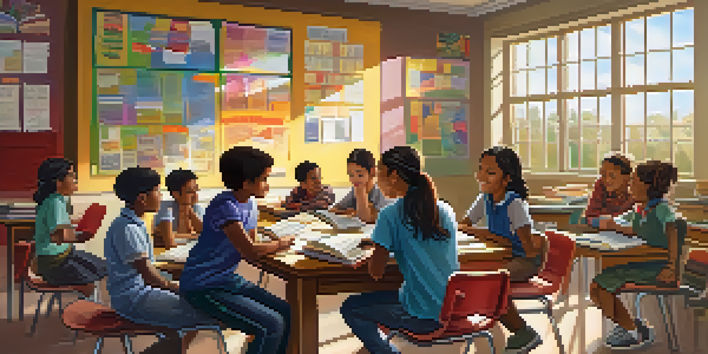 A classroom filled with diverse students engaged in a lively discussion around a table covered with books and notebooks, illuminated by sunlight from large windows.
