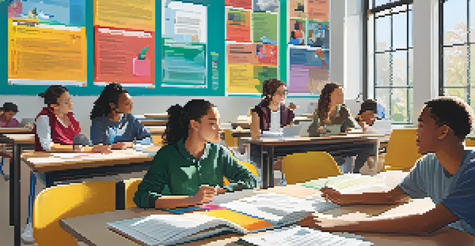 A classroom with students of various backgrounds collaborating on a project, surrounded by natural light and colorful educational posters.