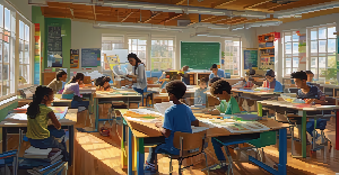 A classroom filled with students of various backgrounds working together on a STEM project, with tools and materials for building a bridge.