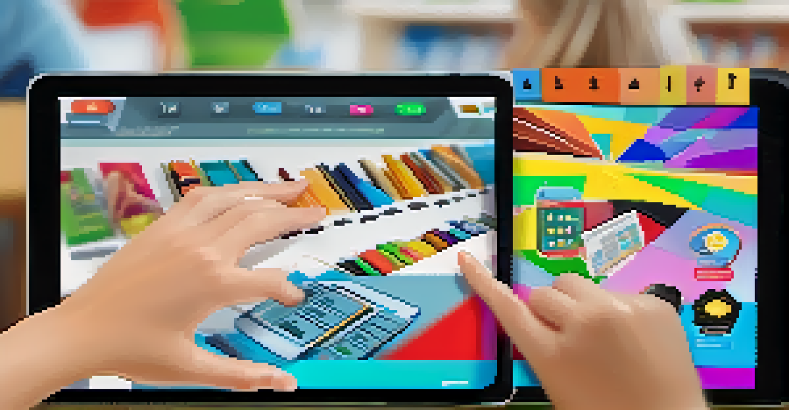 A close-up of a student's hands using a tablet with a gamified learning app, surrounded by a classroom environment.