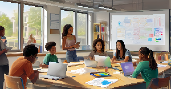 A diverse group of students collaborating in a modern classroom with laptops and colorful materials.