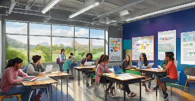 A contemporary classroom with students working together on projects, using laptops, and discussing ideas, with educational posters on the walls.