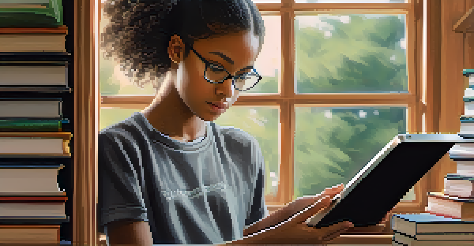 A student intently using a tablet for interactive learning, surrounded by books and notes, with warm natural light illuminating the scene.