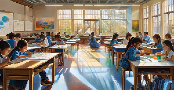 A lively classroom where diverse students collaborate on a project that merges science and art, surrounded by colorful educational materials.