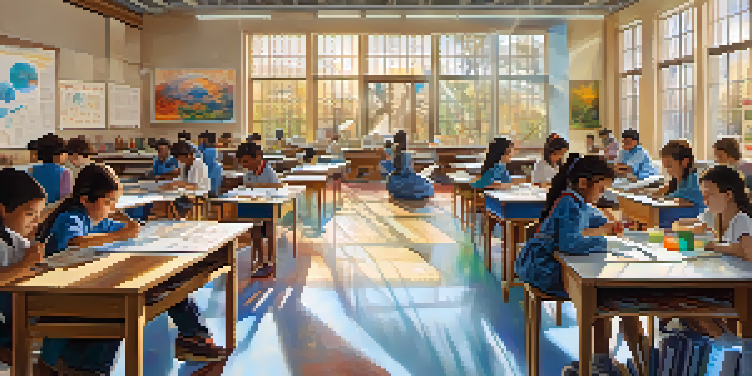 A lively classroom where diverse students collaborate on a project that merges science and art, surrounded by colorful educational materials.