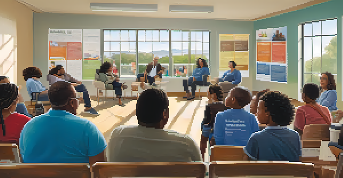 A diverse group of parents and educators in a community center discussing educational equity, surrounded by advocacy posters and bright natural light.