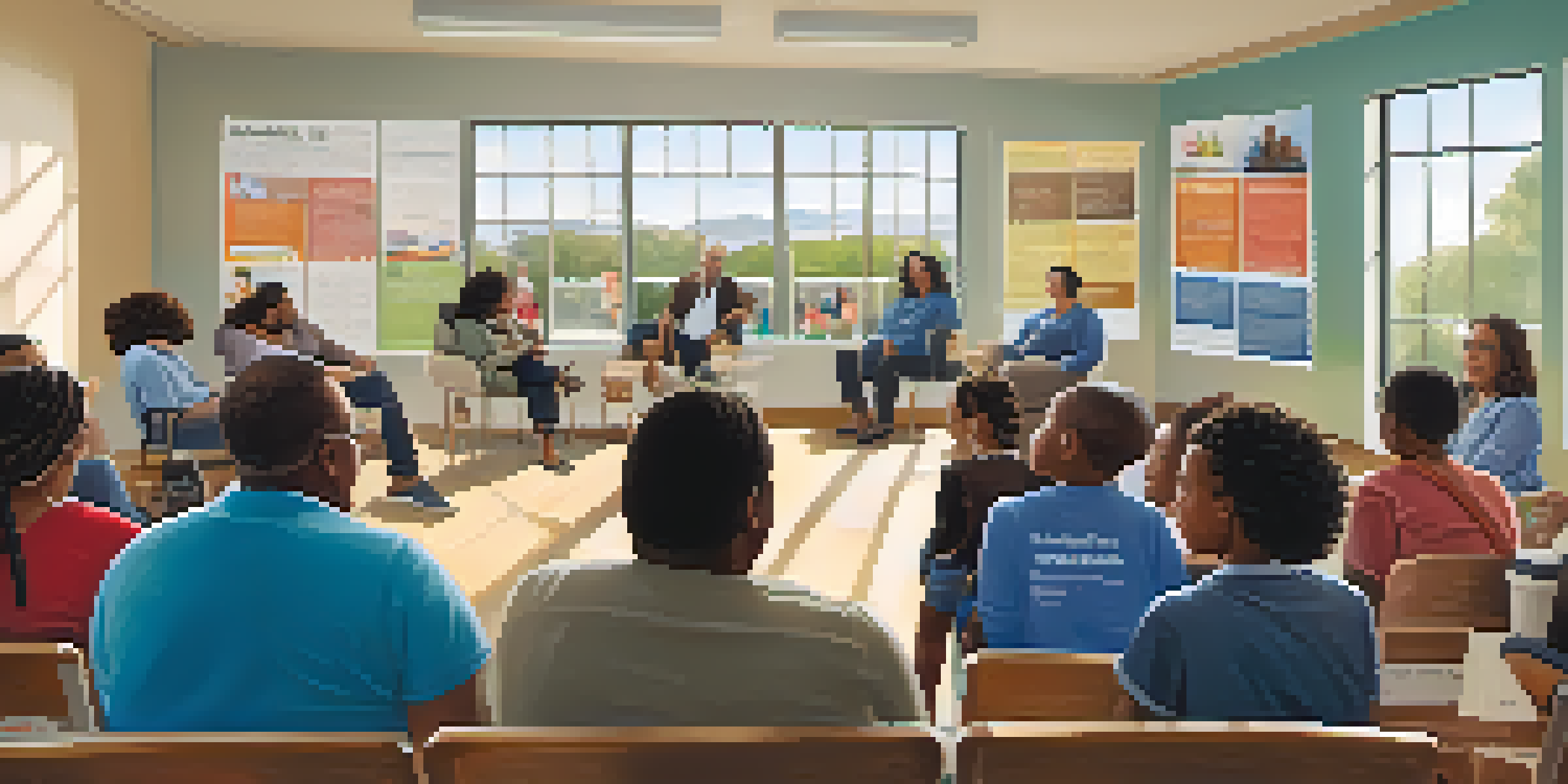 A diverse group of parents and educators in a community center discussing educational equity, surrounded by advocacy posters and bright natural light.