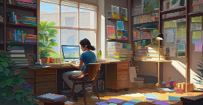 A student working at a cluttered wooden desk in a bright study room filled with plants and motivational posters.