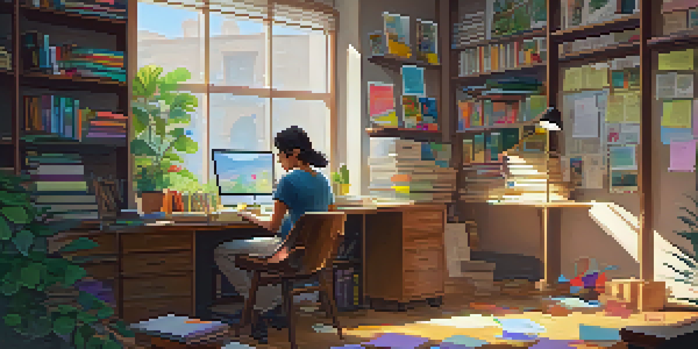 A student working at a cluttered wooden desk in a bright study room filled with plants and motivational posters.