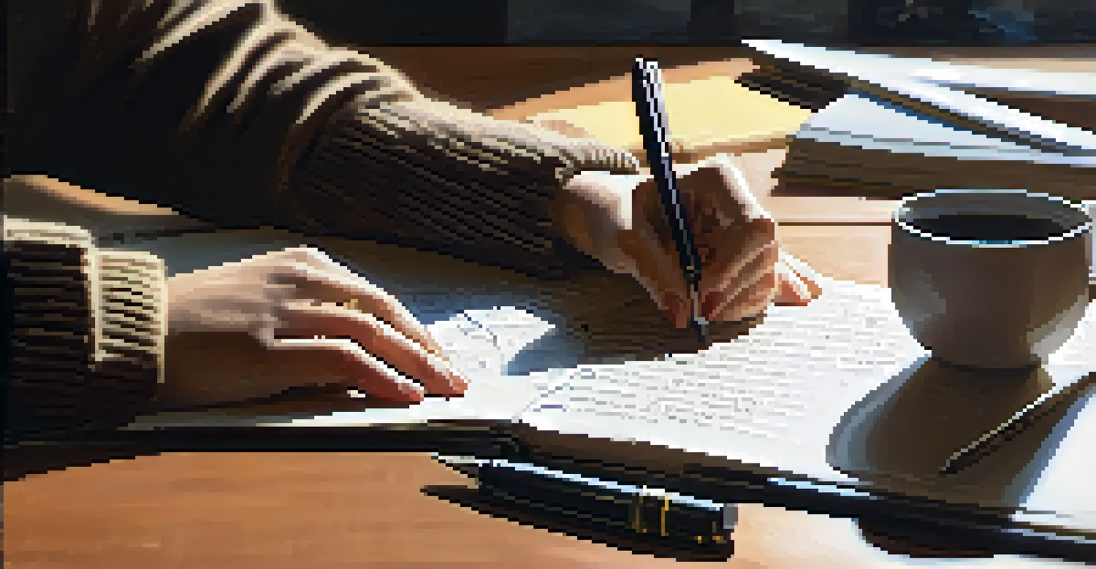 Hands writing in a journal with a laptop in the background, illuminated by natural light, showing notes and doodles.