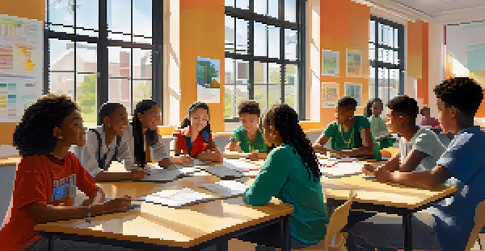 A group of diverse students collaborating in a well-lit classroom, sharing ideas and engaging in peer learning.