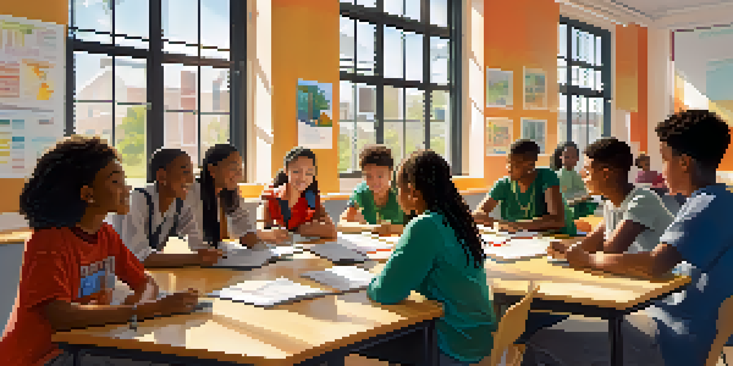 A group of diverse students collaborating in a well-lit classroom, sharing ideas and engaging in peer learning.