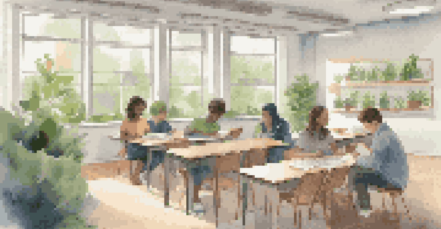 A serene classroom with calming colors and plants, featuring quiet corners for breaks and students reading or working peacefully.