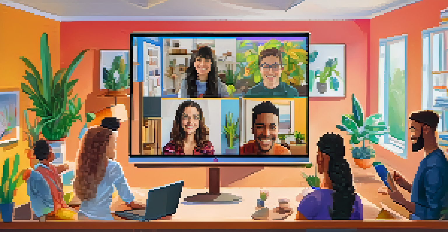 Students participating in an online video call, smiling and engaging from their respective home environments.