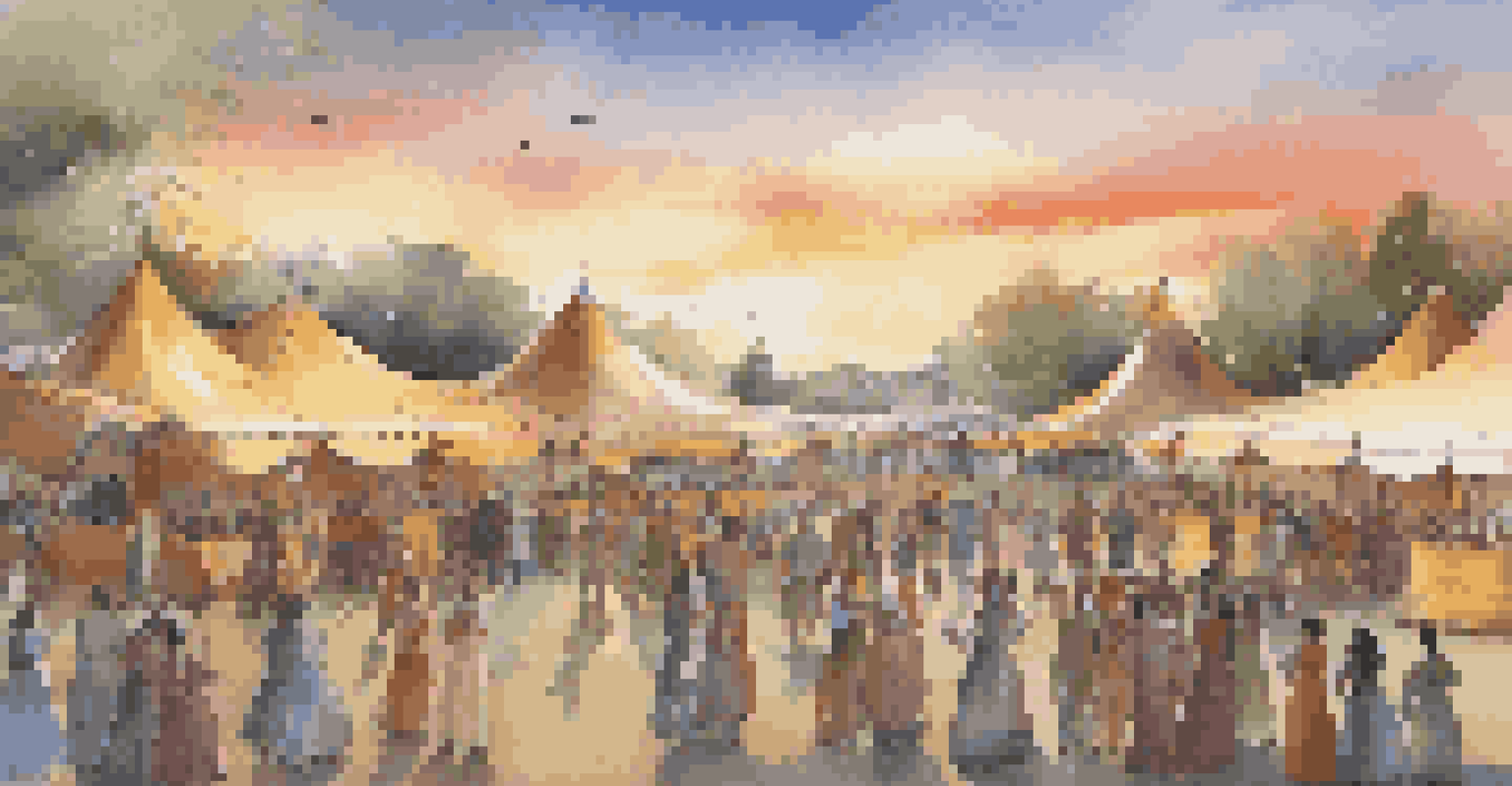 An outdoor cultural fair with colorful tents and performers in traditional attire, showcasing music from various cultures during sunset.