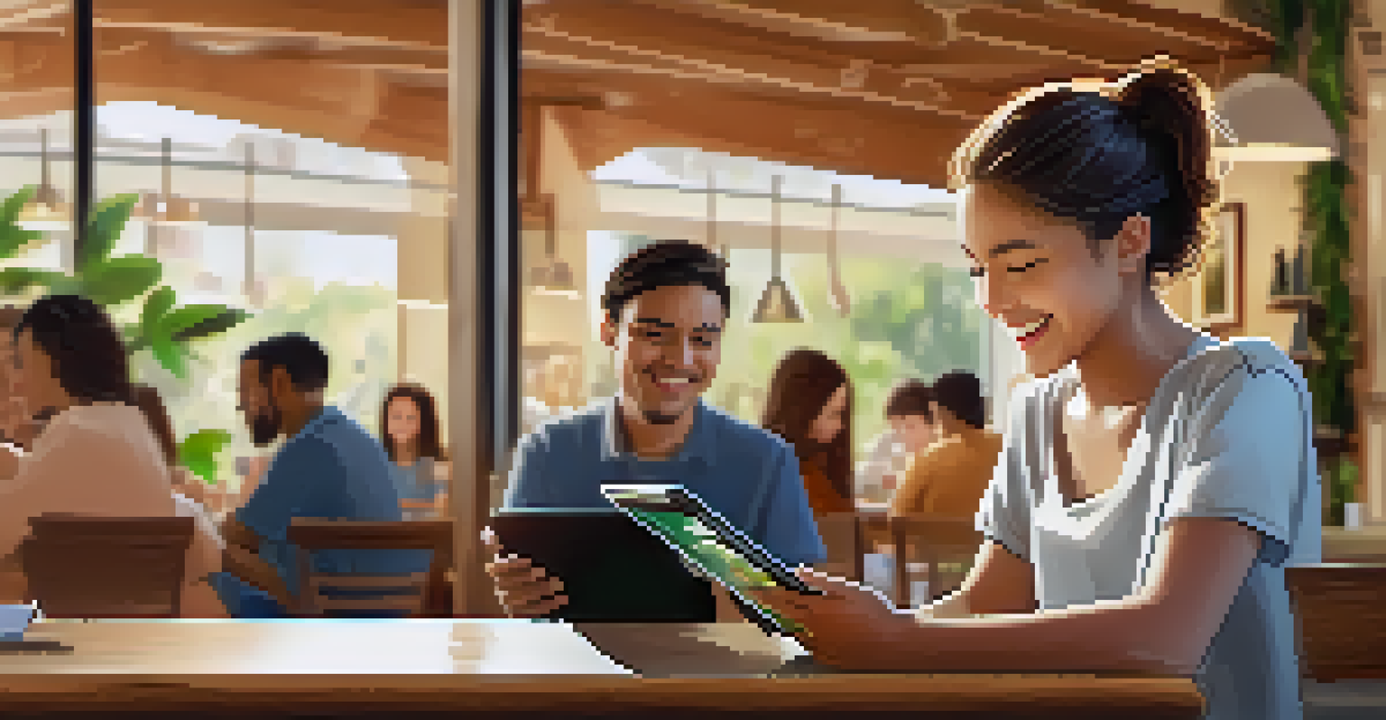 A young person using a tablet to learn a language in a modern café, surrounded by other patrons, with a warm and welcoming ambiance.