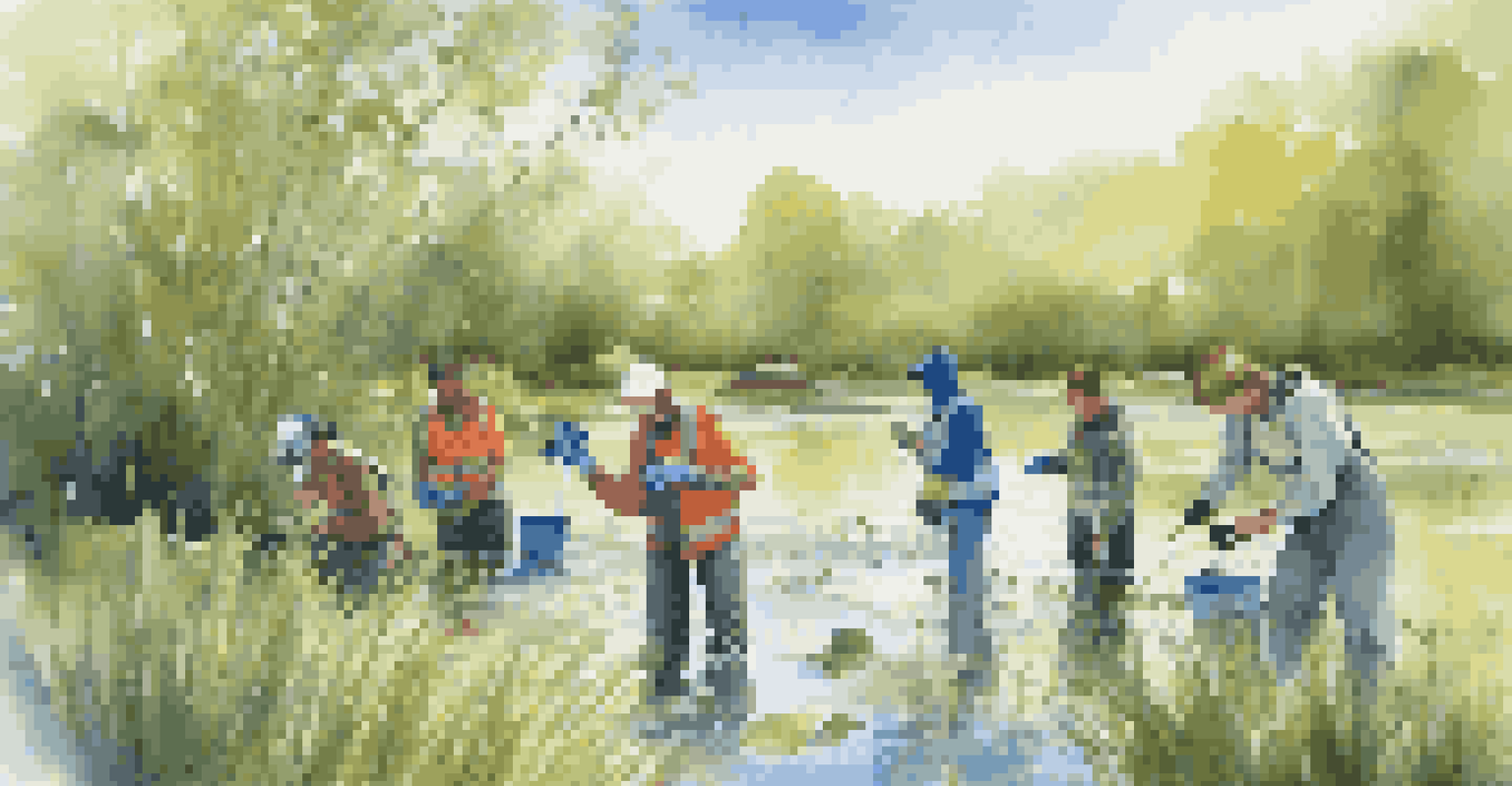 Students collecting water samples from a wetland, wearing safety gear and surrounded by lush greenery and blue sky, showcasing an outdoor learning experience.