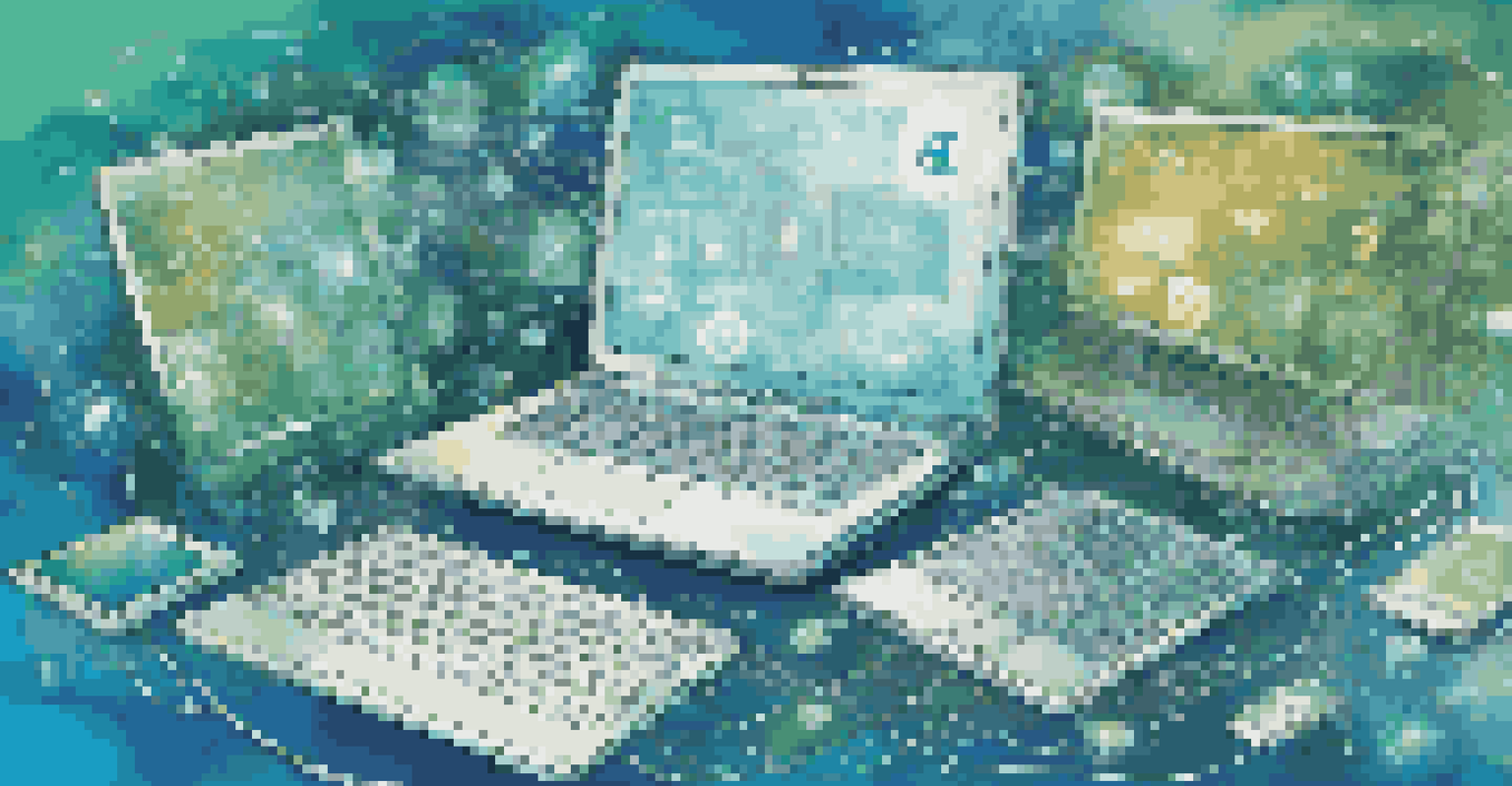 A collage of digital devices surrounded by data lines and social media icons, representing knowledge sharing.