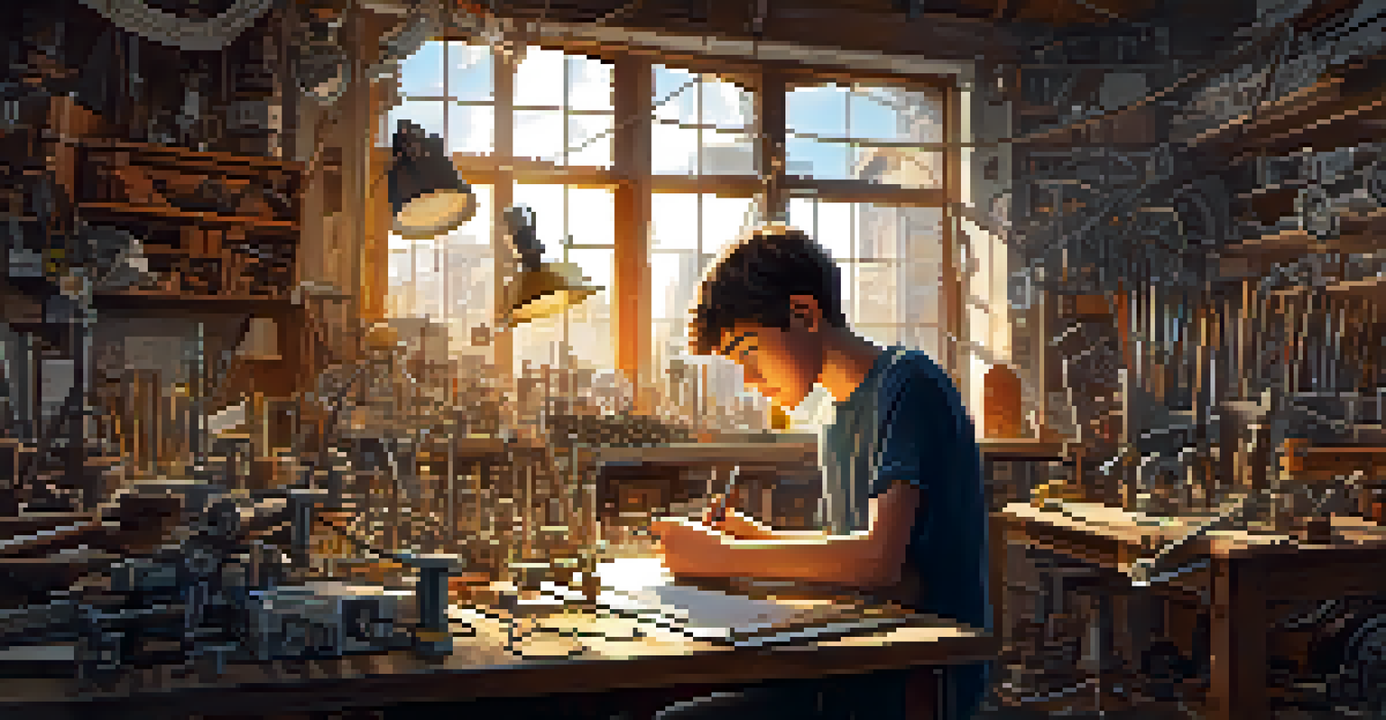 A teenage boy working on a unique gadget in a workshop, surrounded by tools and materials, embodying creativity and innovation.