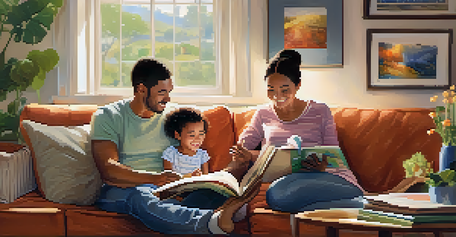 A family reading a colorful picture book together on a couch, with parents engaging the child in storytelling.