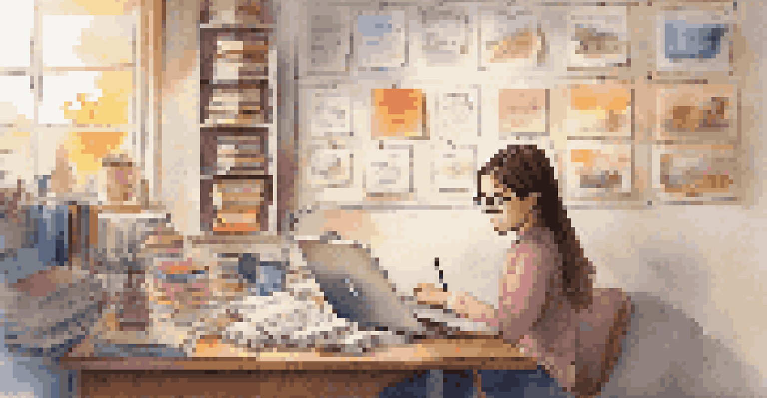 A focused young girl studying independently at a desk filled with books and a laptop, illuminated by a warm lamp.