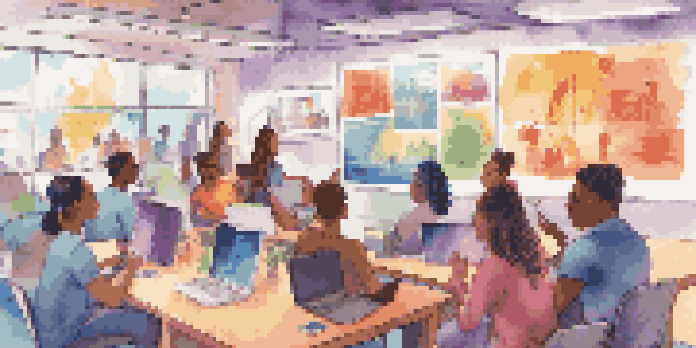 A diverse group of students participating in a video conference, surrounded by educational posters and technology.