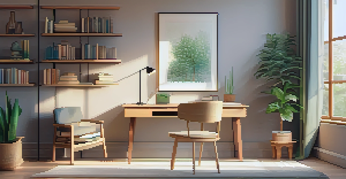 A calming study area with a wooden desk, books, and a plant, illuminated by warm natural light.