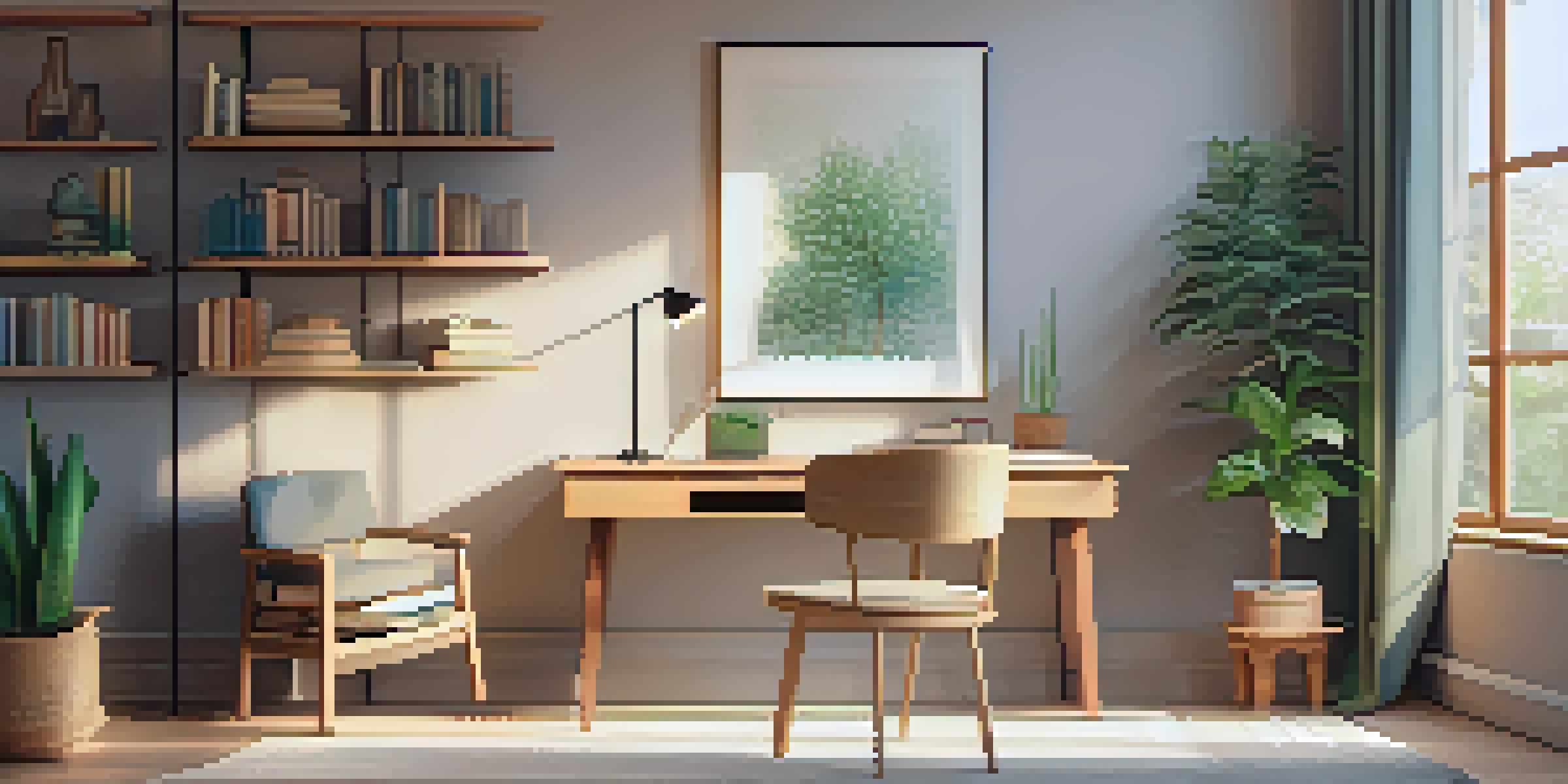 A calming study area with a wooden desk, books, and a plant, illuminated by warm natural light.