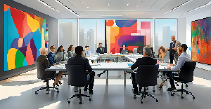 A diverse group of professionals in a bright conference room, engaged in discussion with laptops open.