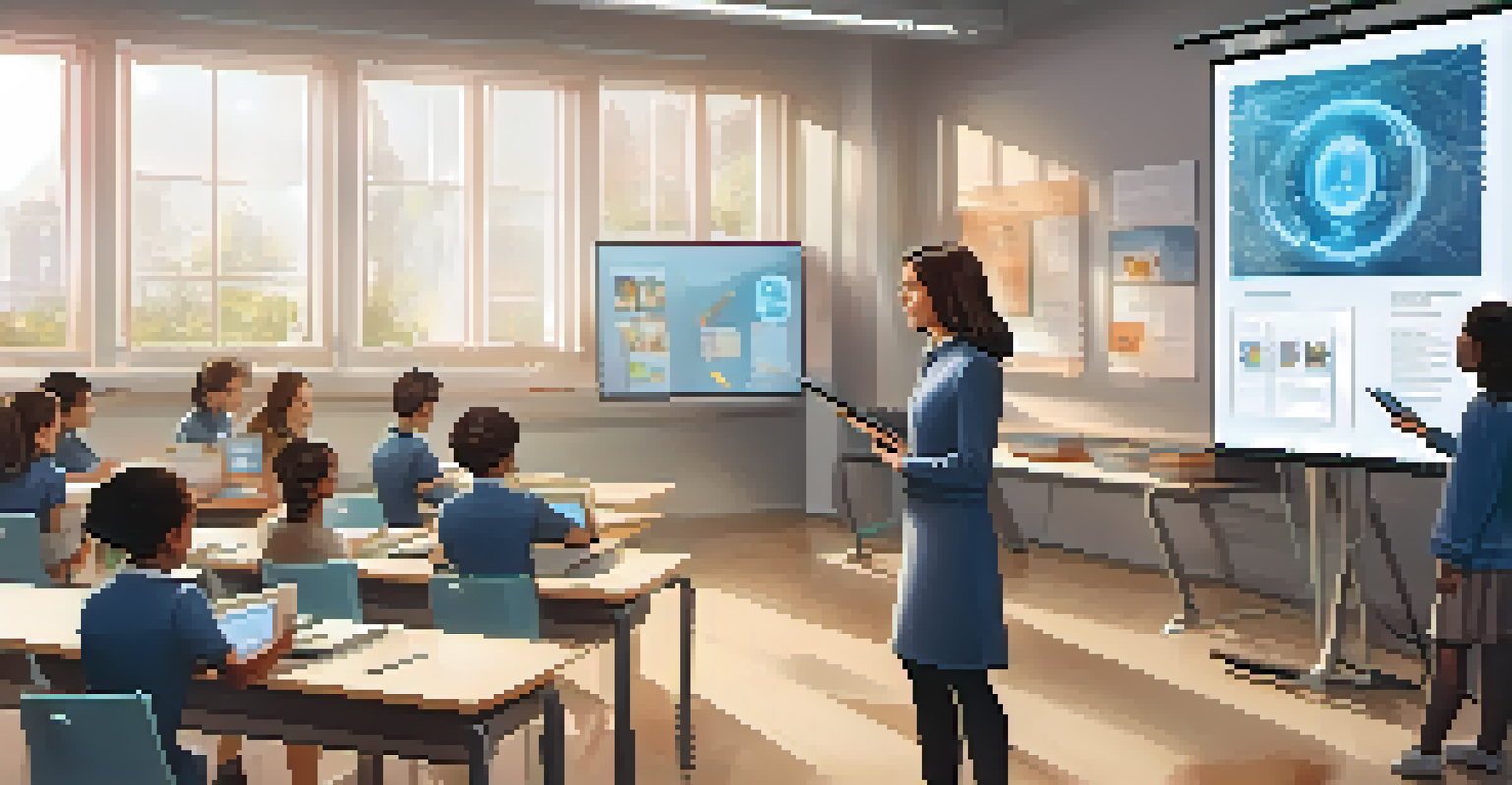 A futuristic classroom with a teacher and AI assistant, where students use tablets for personalized learning.