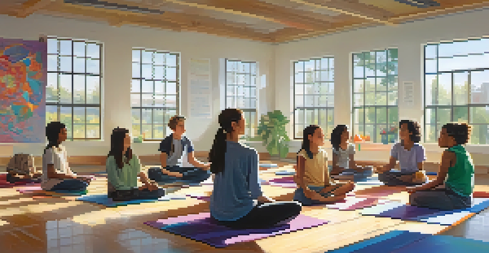 A peaceful classroom where students practice mindfulness exercises, surrounded by natural light and colorful art projects.