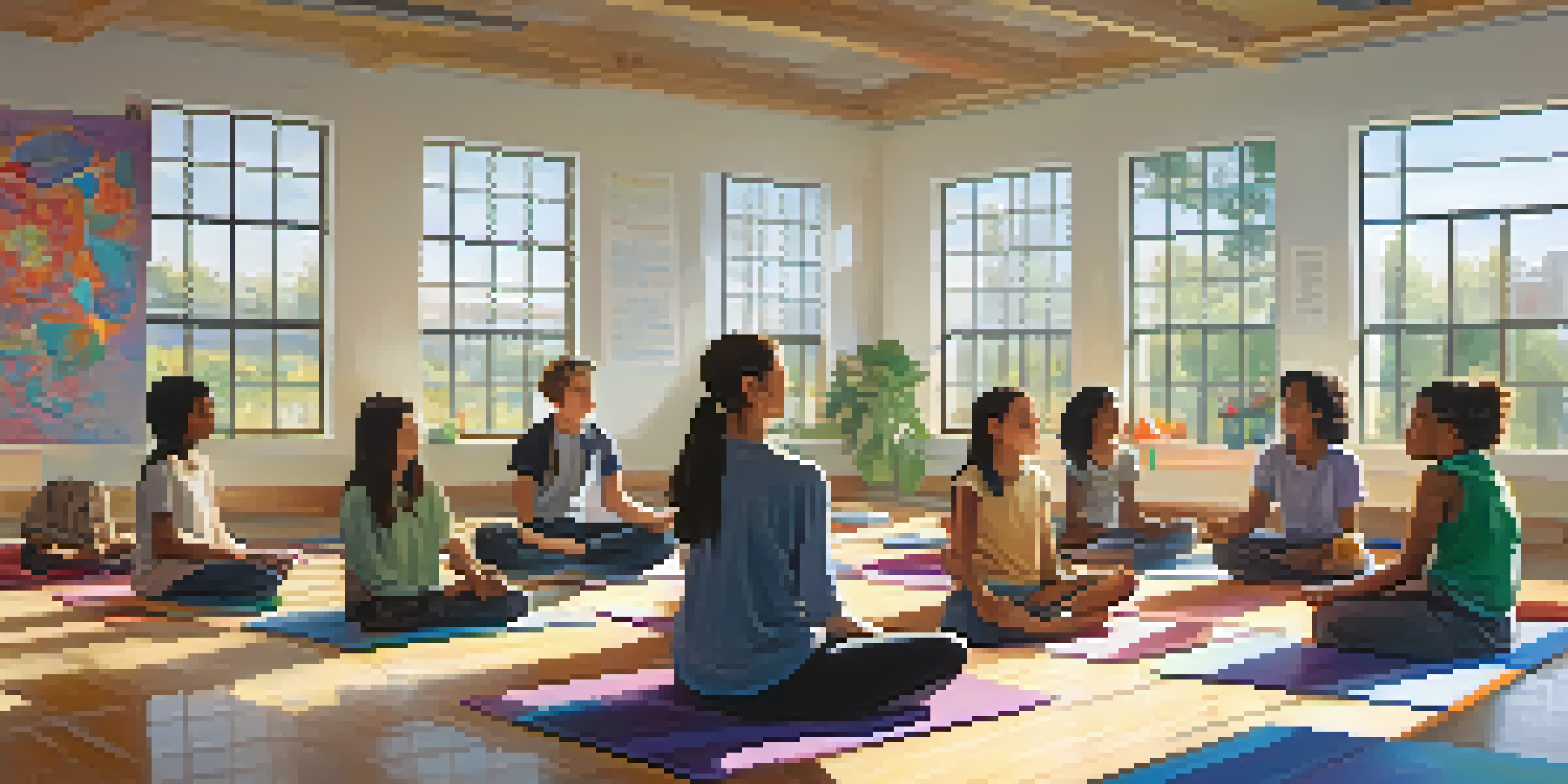 A peaceful classroom where students practice mindfulness exercises, surrounded by natural light and colorful art projects.