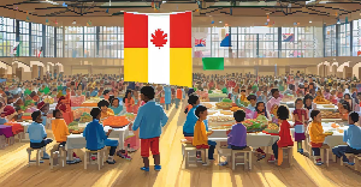A school gymnasium filled with families celebrating different cultures through food and activities, with colorful flags and joyful interactions.