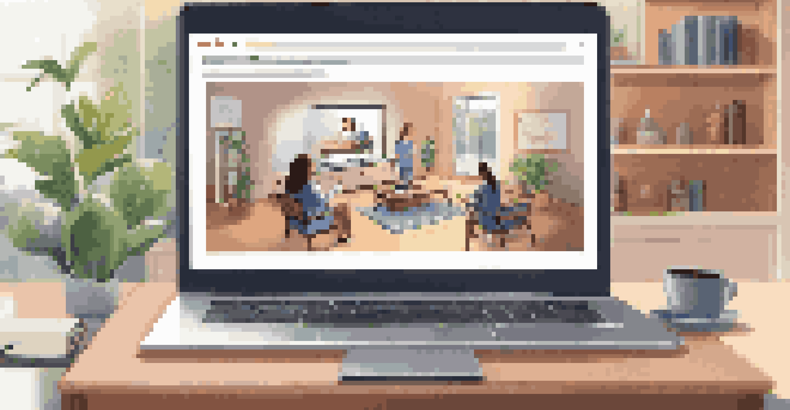A laptop displaying a virtual classroom with students and an instructor in a cozy living room setting.