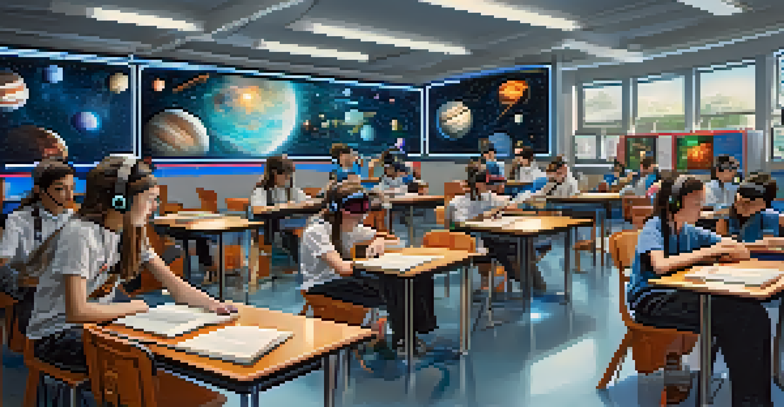 A futuristic classroom with students using augmented reality headsets, interacting with holographic educational content, creating an immersive learning experience.