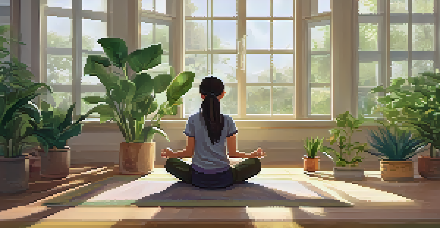 A young girl practicing mindfulness in a bright classroom, sitting cross-legged with a peaceful expression, surrounded by plants.